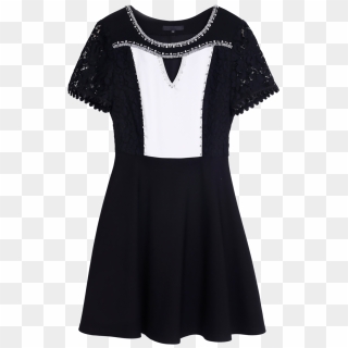Black Lace Paneled Short Sleeve Color-block Party Mini - Little Black Dress, HD Png Download